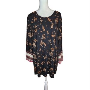 J Jill Wearever Collection Black Floral 3/4 Bell Sleeve Jersey Tunic Size XL